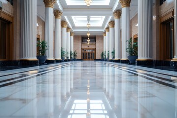 Poster - Elegant architectural hallway with columns modern building interior photography bright environment wide angle view