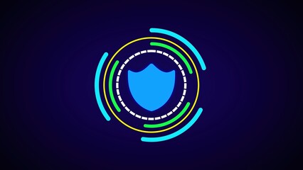 Poster - Digital shield icon with protective circles and futuristic design on a deep blue background representing data security and online safety