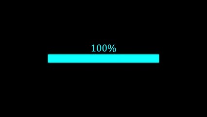 Fototapete - A digital progress bar visualizing 100 percent completion using a neon cyan design on a dark black background representing full achievement and success.