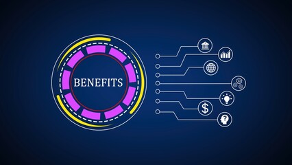 Poster - Conceptual business benefits illustrated with circular design and icons on a deep blue background providing a modern and clean visual
