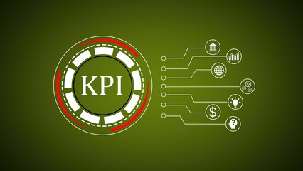 Poster - Digital representation of key performance indicators and business strategy with icons and diagram on a green background