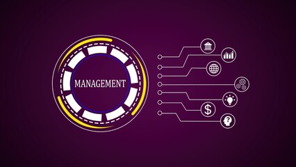 Poster - Conceptual illustration depicting management with infographic elements on a purple background, representing business and strategy concepts