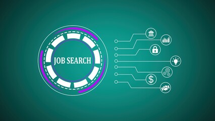 Poster - Job search process represented through modern ui design showing data analytics financial security and business success on teal background.
