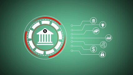 Poster - Financial institution concept with bank building icon and business process symbols on green background for banking and finance