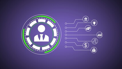 Poster - Conceptual representation of business and financial operations with a central human figure encompassed by business icons and circuit-style data visualizations on a purple backdrop.