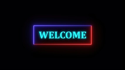Poster - Neon sign with welcome text in cyan color inside red and blue illuminated rectangle on a dark black background