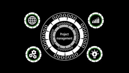 Fototapete - Futuristic project management concept with globe, growth chart, gears, and idea bulb icons on a black background for business and technology.