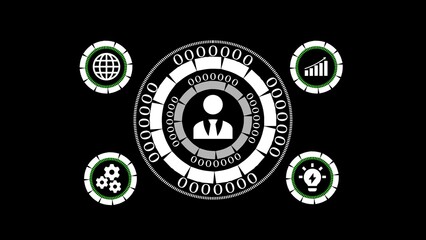 Poster - Digital interface depicting business concepts of globalization growth innovation and collaboration with central figure on dark background.