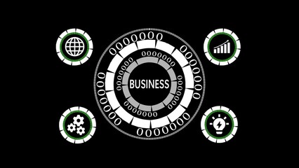 Poster - Conceptual business illustration representing global operations, growth, innovative ideas, and teamwork using circular elements and modern design