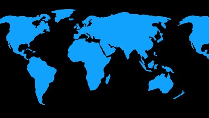 Poster - A simplified blue silhouette world map depicting the continents against a black background ideal for global concepts
