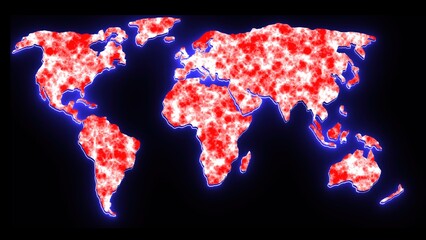 Poster - Abstract digital world map with red and white textured areas on a dark background featuring a blue neon outline.