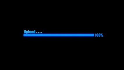 Fototapete - A vibrant blue upload progress bar completes at 100 percent signifying data transfer finished on a sleek black background ideal for technology themes.