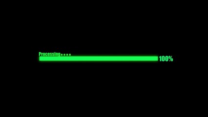 Fototapete - Green glowing progress bar indicating 100 percent completion during processing against a stark black background for loading concepts.