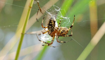Close-up capturing a spider meticulously crafting its intricate web in a natural habitat
