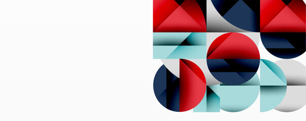Fototapete - Abstract geometric composition. Red, blue, cyan shapes overlap, creating dynamic visual impact. Minimalist design, clean lines.