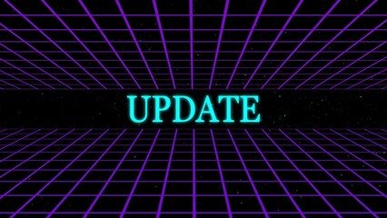 Fototapete - Retro style digital design element with the word update in a glowing neon font against a classic eighties style grid background suitable for various applications.