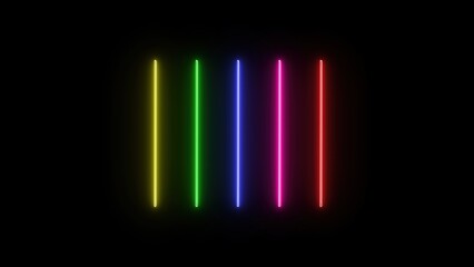 Poster - Vibrant neon colored vertical lines on a black background creating a futuristic modern glowing aesthetic suitable for design and digital art.