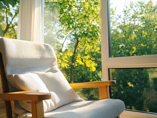Poster - Relaxing afternoon in a cozy chair by the window nature view lifestyle photography bright environment close-up