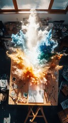 Poster - Creative explosion of colorful smoke art artist's studio digital art indoor aerial view imagination