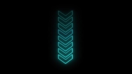 Poster - Glowing blue neon arrow composed of chevron shapes pointing downwards against a black background showing direction and guidance