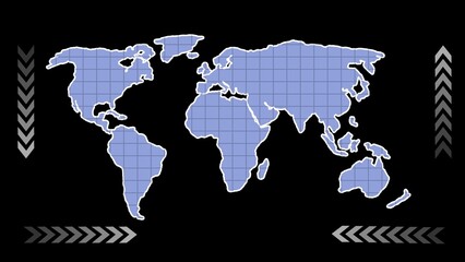 Poster - Digital world map illustration displaying a global grid overlay with directional arrows on a dark background suitable for conceptual designs