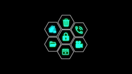 Poster - Futuristic hexagon interface with glowing icons depicting home trash phone lock folder video and play symbol on black background