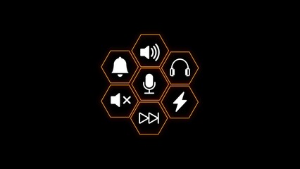 Poster - Futuristic audio control icons set within a hexagonal grid design on a dark backdrop for digital interface and technological concepts.