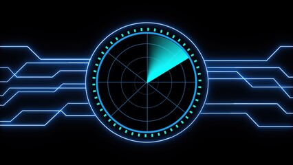 Fototapete - Digital futuristic radar screen illustration with glowing circuit board and scanning technology for cybersecurity and data visualization.