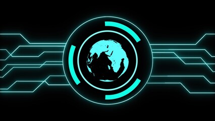 Poster - Glowing cyber world illustration featuring a futuristic globe with neon elements and circuit board lines on a black background representing global connection