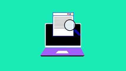 Fototapete - Digital document analysis illustration depicting a magnifying glass examining data displayed on a laptop screen with a teal background