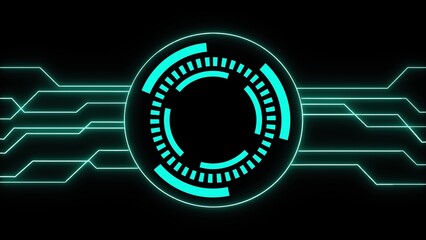 Poster - Futuristic tech design featuring a glowing circular interface and circuitry over a dark background for digital concepts.