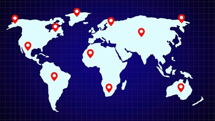 Poster - World map illustrating international locations with red location markers indicating global points of interest for communication or travel