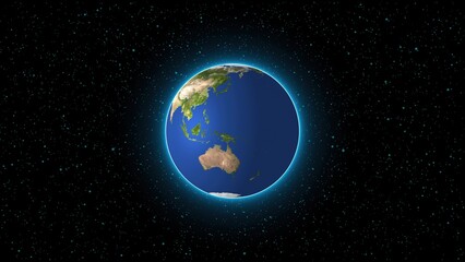 Poster - A luminous blue planet earth surrounded by a starry background representing outer space and geographical locations.