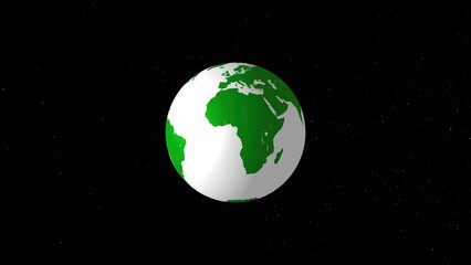 Poster - A stylized 3d rendering of the earth planet with green continents and a white ocean against a backdrop of a star-filled black space.