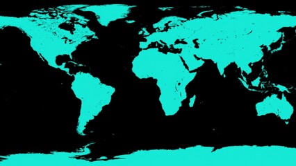 Poster - Flat world map illustration with vivid teal continents contrasted against a deep black background perfect for design and educational materials