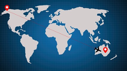 Poster - Visual representation of a flight journey across the world with a world map showing a flight path and destination markers from a starting point.