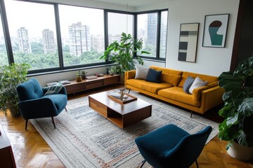 Poster - Modern living room design urban apartment interior photography cozy atmosphere wide view stylish decor