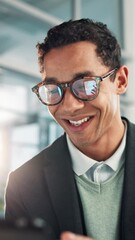Aufkleber - Office, business and face of happy man on tablet for networking, connection and financial planning. Corporate, professional and worker on digital tech for website, research and finance review