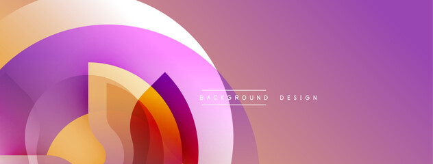 Poster - Abstract design features overlapping circles, gradients. Purple, orange hues dominate composition. Modern aesthetic, clean lines present.