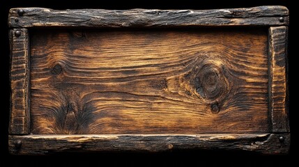 Dark, textured wood sign with a frame and metal studs isolated on black. Use as background for announcements, rustic menus, or product displays.