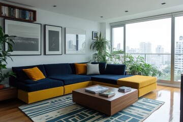 Poster - Modern living room design urban apartment interior photography bright environment wide view contemporary concept