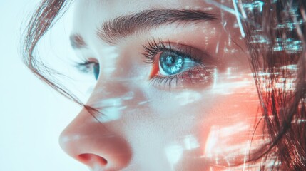 Poster - Exploring digital human interfaces futuristic eye technology studio environment close-up perspective on innovation