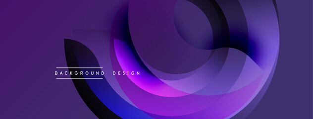 Fototapete - Abstract purple design features flowing shapes, gradients. Modern background with dynamic curves, text elements present.