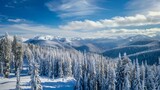 Snow Covered Evergreen Forest And Mountain Range With Bright Blue Sky And Sunlight