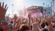 © AspctStyle - Excited festival crowd with hands raised and confetti flying in the air at outdoor concert. Music celebration. Energetic atmosphere during live performance under sunlight