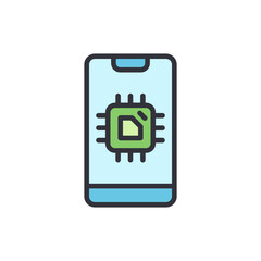 Poster - Mobile Phone Displaying A Green Microchip Icon Representing Technology
