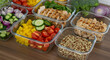 © Matheus - Various meal prep containers filled with fresh vegetables chicken and quinoa on a wooden surface