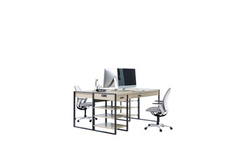 Aufkleber - Dual workstation office desk setup with white chairs and desktop computers, clean modern design on isolated white background. 3D Rendering