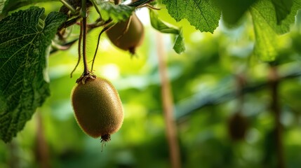 Fototapete - Close-up view showcasing a ripe kiwi fruit hanging from a vine branch amidst lush green foliage in natural light