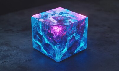 Poster - Glowing blue crystal cube on dark surface, abstract background, digital art, visual effects